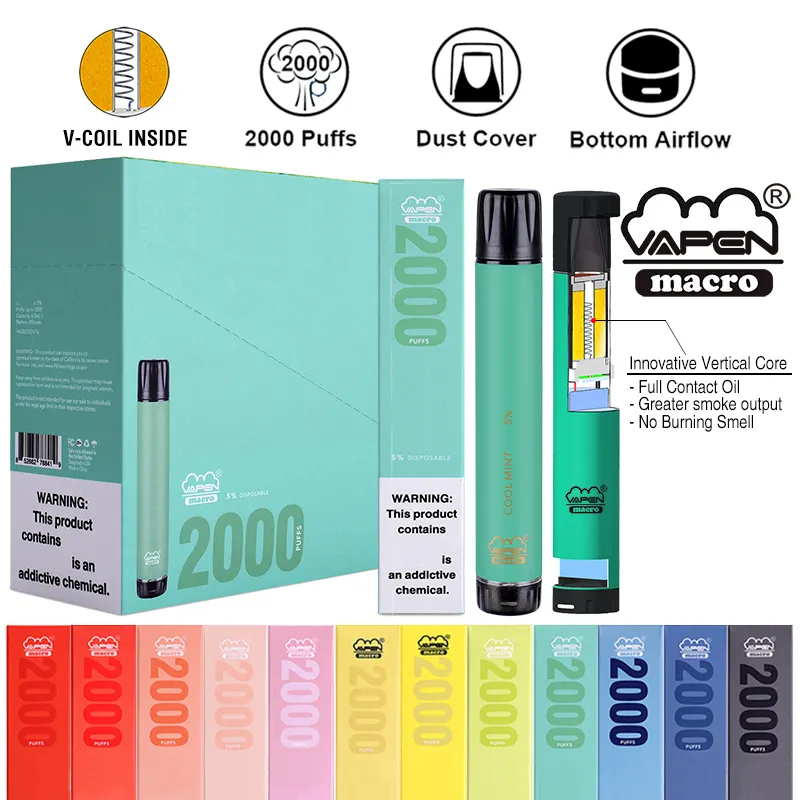 Оригинальная одноразовая ручка VAPEN macro 2000 Puffs с инновационным вертикальным сердечником Plus XXL Xtra Испаритель Предварительно заполненные испарители для батончиков и сигарет