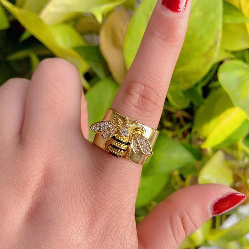 Anéis de cluster de luxo requintado forma de abelha incrustada anel zircão para mulheres moda antiguidade de casamento selvagem festa de casamento cocktail acessórios de jóias