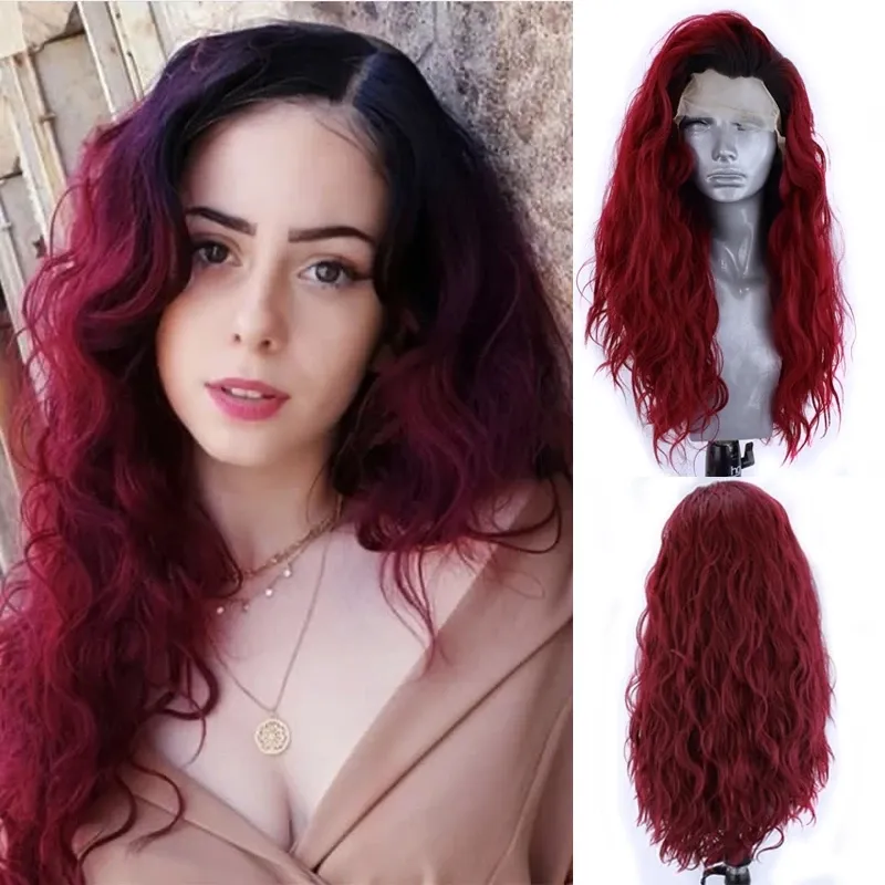 Длинные вьющиеся парик синтетические кружева фронт парик термостойкие волокон волокон Омбре красные парики для черных женщин косплей парик