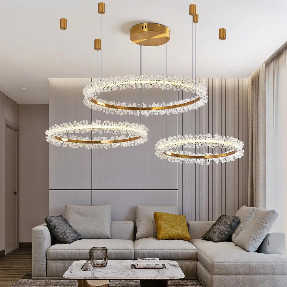 Modern led crystal chandelier for living room three ring gold lighting home decor cristal lamps combined circle light fixture