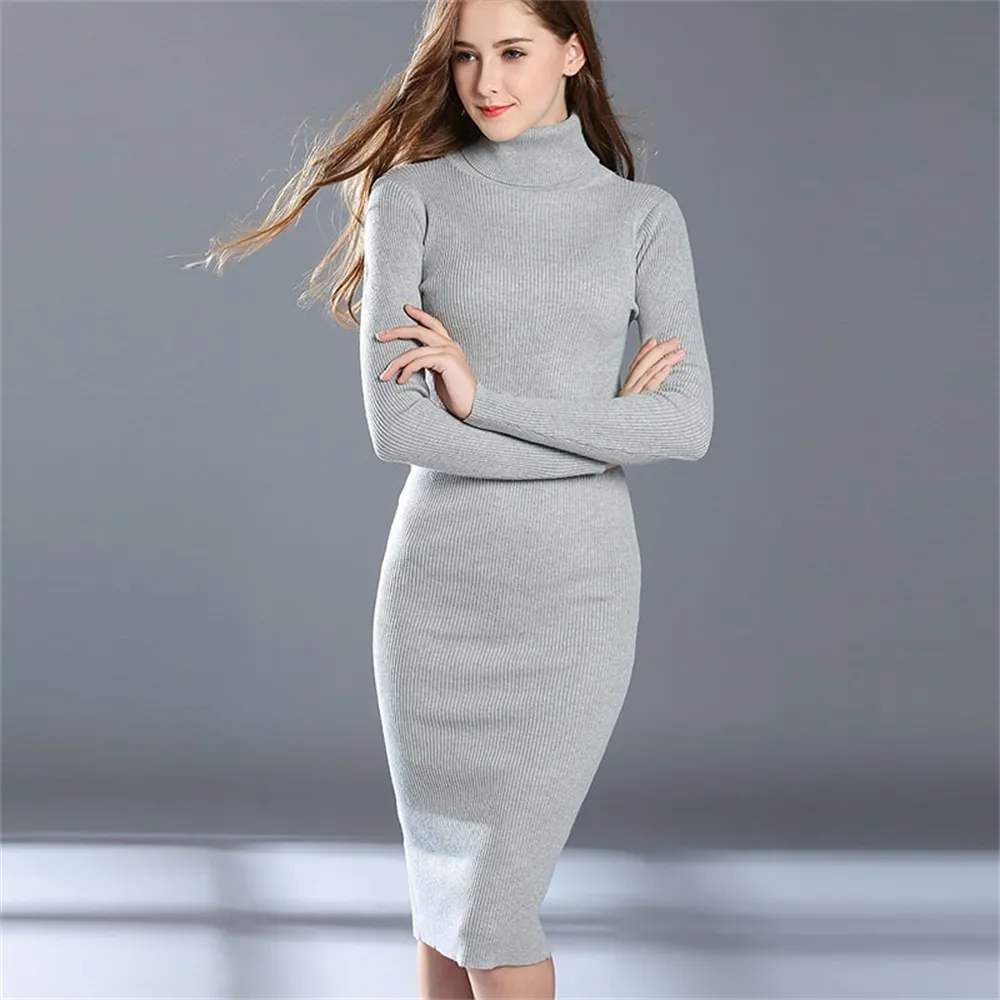 Kvinnor Höst Vintertröja Knitted Klänningar Slim Elastisk Turtleneck Långärmad Sexig Lady Bodycon Robe Klänningar Vestidos LJ200818