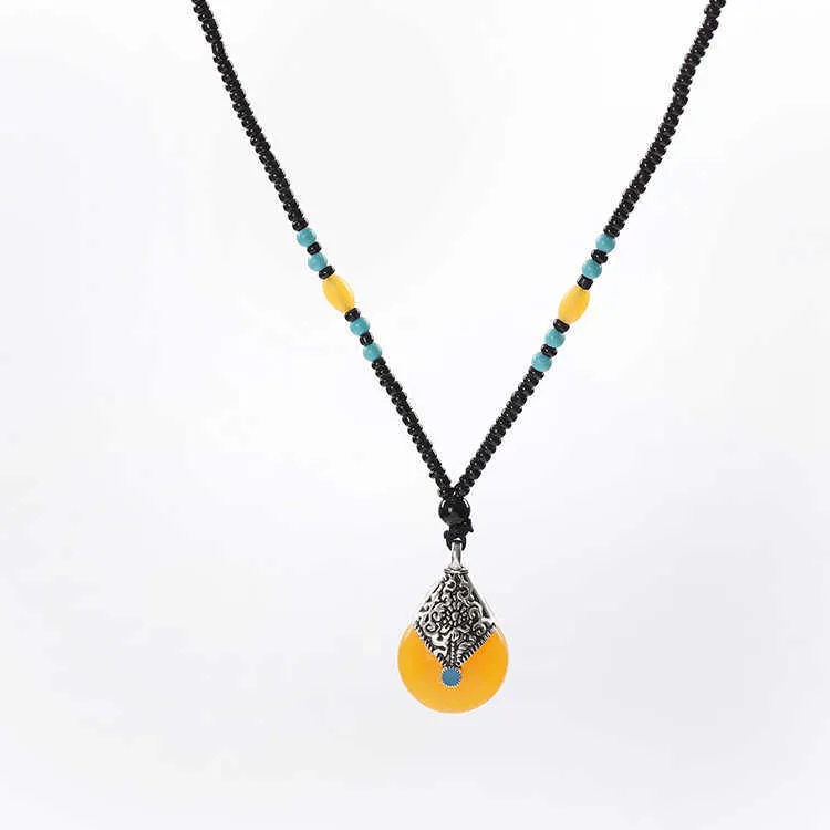 Nachahmung Wachs Pullover Kette Harz Nationalen Stil Anhänger Alte Wachs Legierung Perlen Halskette Kleines Geschenk