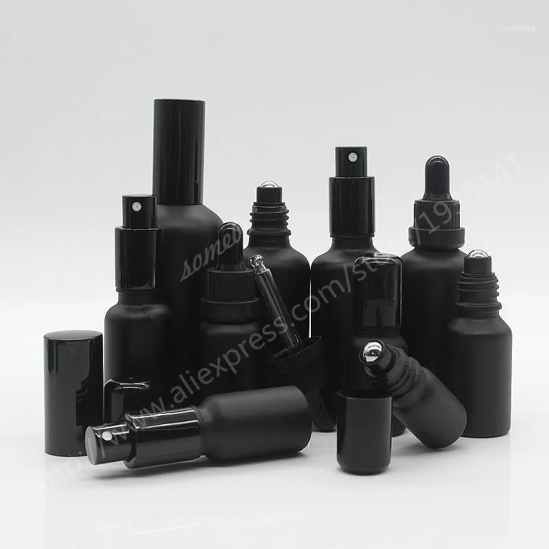 Butelki do pakowania 5ml, 10ml, 15ml, 20ml, 30ml, 50ml, 100 ml frostowana czarna szklana butelka kroplomierza, szkło z rolką, opryskiwacz Mabnack11