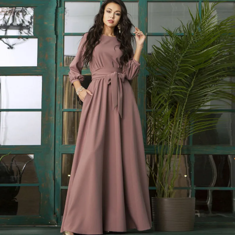 Women Elegant Party Dress Lantern Sleeve o Neck Sashes Solid Dress 2019 Women Autumn Maxi Long Party Dress X1224