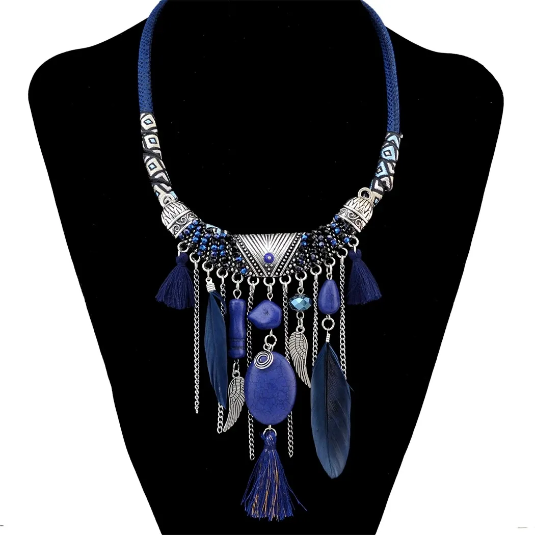 Bohemian Fashion Silver Plated Leather Chain Harts Beads Natrual Stone Feather Tassel Choker Halsband för kvinnors smycken