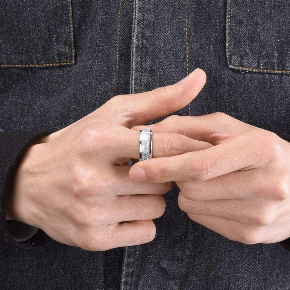 8 mm wolfraam heren ring inleg meteoriet zilveren gepolijste trouwringen Men039S 316L roestvrijstalen ring maat 7138270168