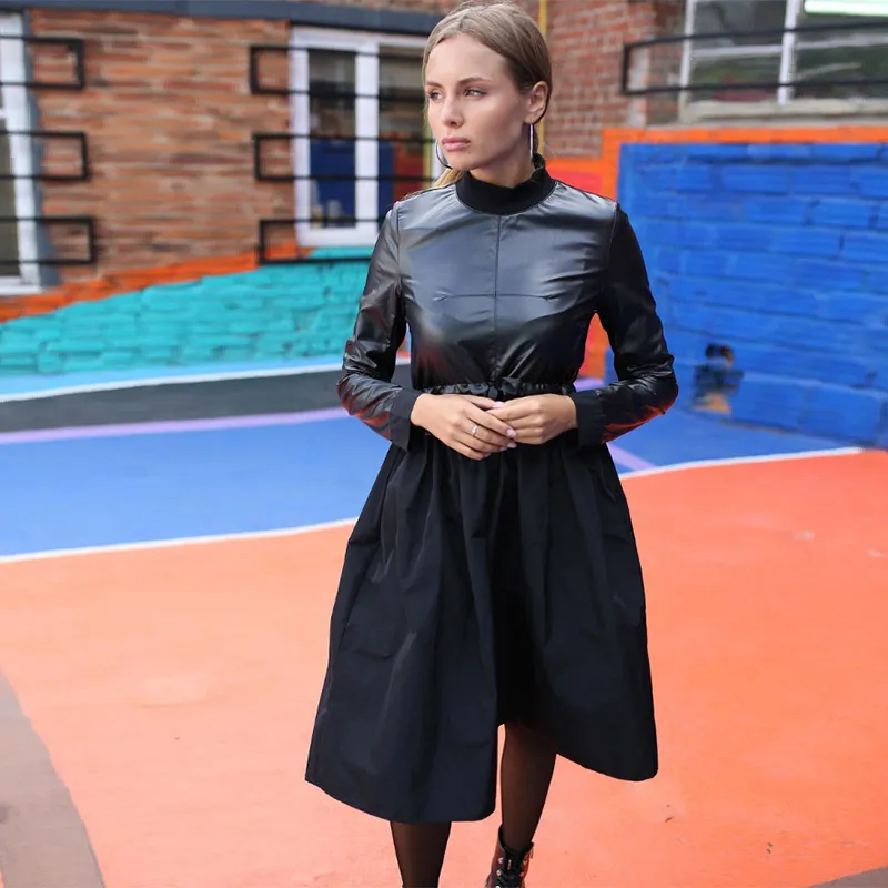 Vintage Black Winter Dress with Patchwork Black Chair Sashes, Long Sleeves, Stand Collar, and Elegant Knee Design - 201028