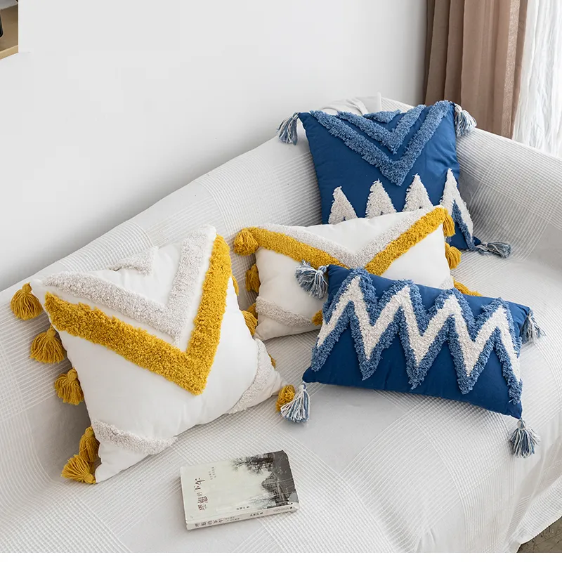 Pillow Case Handmade Cushion Cover Moroccan Style Abstract Zigzag Navy Blue Pillowcase Tassels Fringe Square Y200104