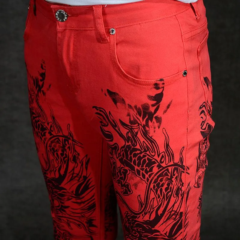 Men's Jeans Ink Printing Men's Korean Style Trendy Casual Trousers Slim Fit Feet Personality 3D Dragon Pattern Red Pants287o