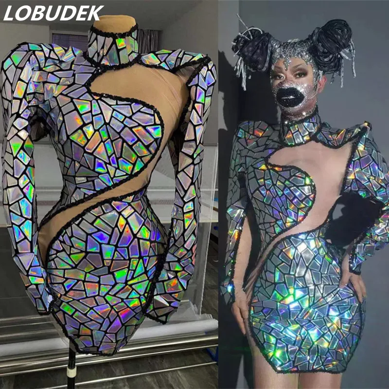 Glitter färgglada laser sequins paket höfter mini klänning kvinnor sexig ihålig scen kostym sångare dansare nattklubb prestanda slitage