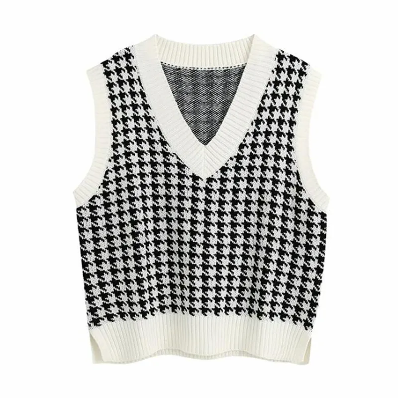 패션 대형 Houndstooth 니트 조끼 스웨터 여성용 빈티지 민소매 사이드 벤트 여성 양복 조끼 Chic Tops