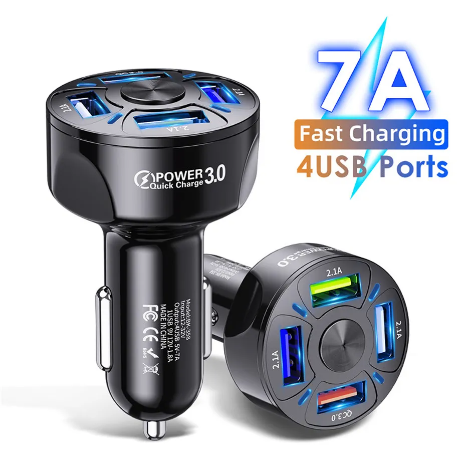 4 ports USB Car Charger 48W QC3.0 Quick 7A Mini Mini Charge rapide pour iPhone 14 Xiaomi Huawei Mobile Phone Charge Adaptateur