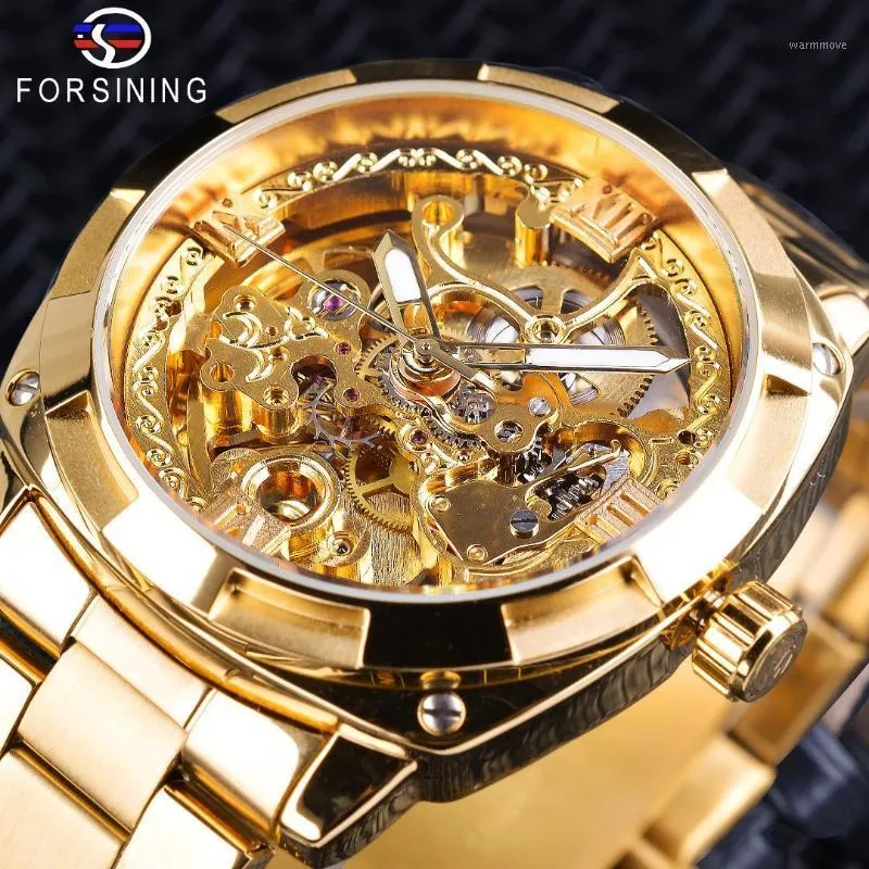 Forsining Orologi da polso meccanici automatici da uomo retrò Top Full Golden Design Lancette luminose Scheletro Orologio da uomo1