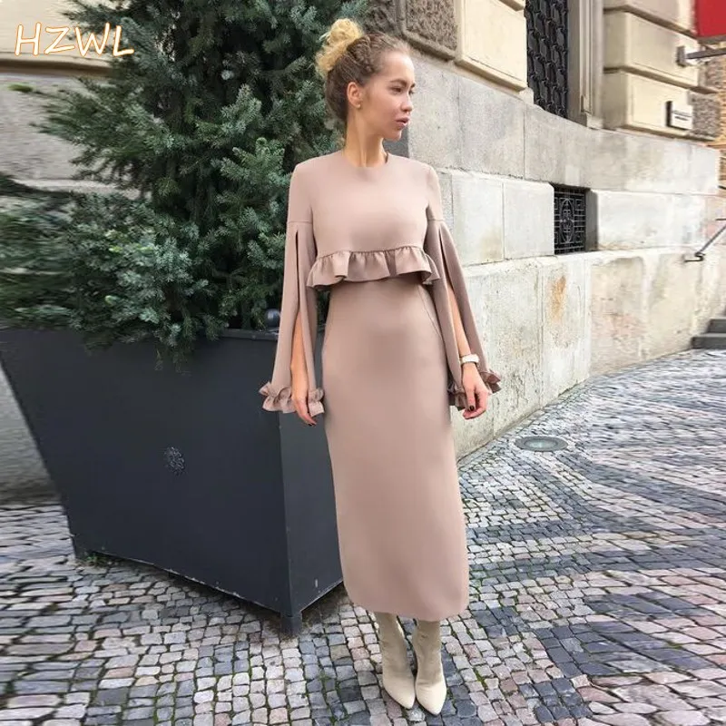 Khaki Open Długie Rękawy Suknie Wieczorowe Satynowe Ruffles Długość Długość Elegancka Prom Dresses Saudyjska Arabia Robe de Soiree Girls Party