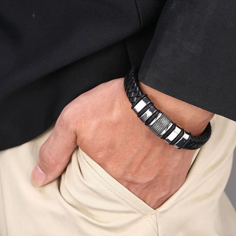 Amerika Europa Populär svart äkta läderbangle Magnetiska spännearmband för män