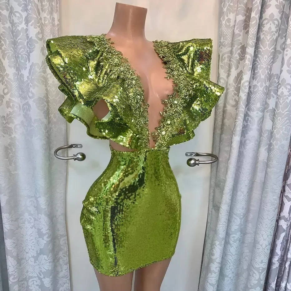 Green Sequined Cocktail Dressses Short Beaded Deep V-Neck Dubai Party Night Gowns Women Custom Made Designed robe de soiree CG001