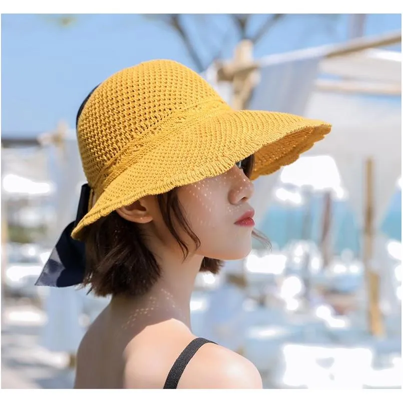 Wide Brim Foldable Sun Hats For Women Adjustable Back, Bow, And