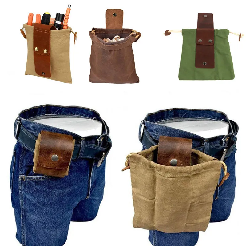 Lederen Foeragage Pouch Outdoor Trekkoord Tassen Waxed Canvas Tuin Fruit Plukken Taille Tas Jungle Camping Wandelen EDC Tool Storage 228 H1