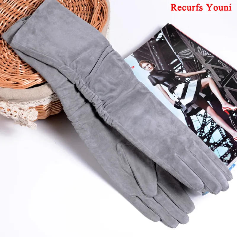 Luxury-Fall / Winter Fashion Women Pigskin Suede Genuine Leather Fold Long Glove Lady 30/40 / 50cm Svart / Rosa / Röd Klassisk Luvas Mujer 201020