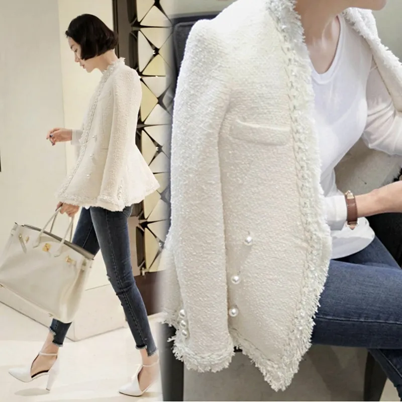 Zarachiel Brand Lady Winter Pearls Nappe Giacca di lana Cappotto Donna Vintage Casaco Femme Warm Tweed Jacket Elegante soprabito T200212