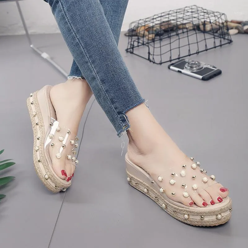 Pantofole Moda Sandali di perle 2021 Summer Candy Ladies Platform Beach Flat Slip On Dress Wedding Female Slides Plus Size1