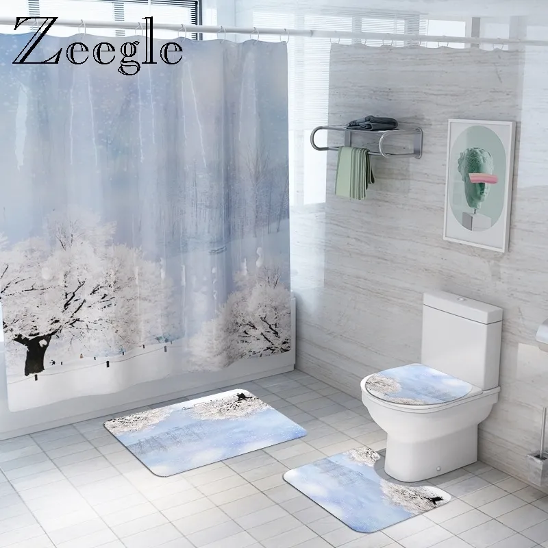 Zeegle Snow Pattern Shower Curtain with Toilet Mat Set Toilet U Type Rug Pedestal Rug Polyester Shower Room Doormat Floor Rug