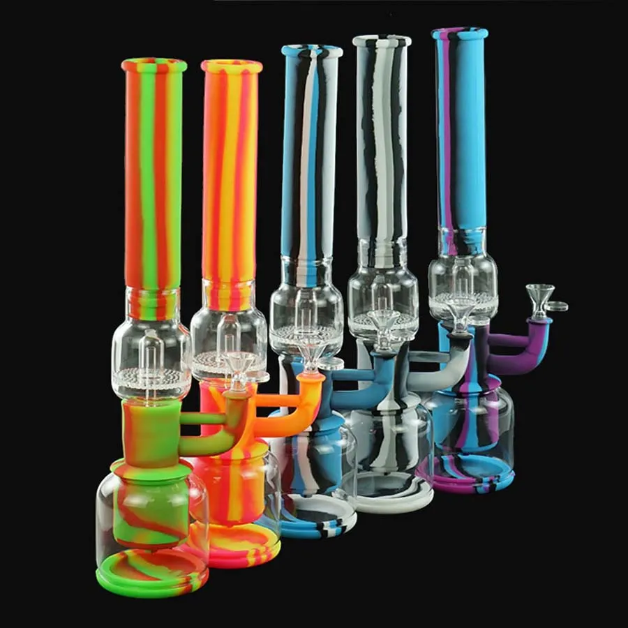 16'' Glass Bong water pipe silicone dab rig smoke hookahs smoking bubbler for dry herb