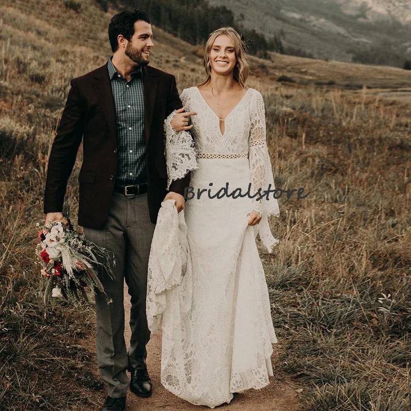 Abito da sposa boho in pizzo pieno senza schienale 2022 scollo a V maniche a sbuffo abiti country rustici bohémien lunghezza del pavimento abiti da sposa all'aperto occidentali all'uncinetto Robes De Mari￩e