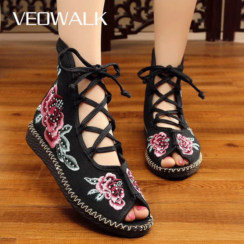 Veowalk Handmade High Top Women Canvas Flat Gladiator Sandals Open Peep Toe Summer Cotton Embroider Lace Up Shoes Sandials Mujer Q1223