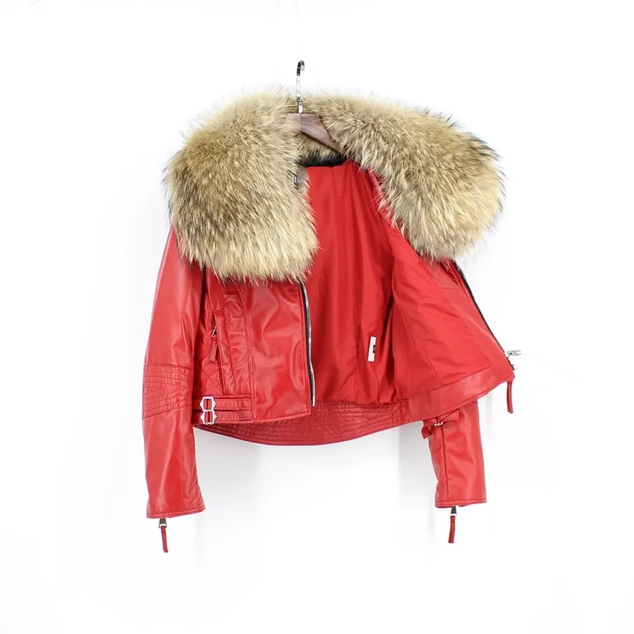 genuine sheepskin leather jacket with big raccoon fur collar (5)