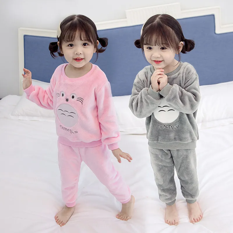 Thick Warm Velour Pajamas Sets For Female Winter Long Sleeve Coral Velvet Pyjama Children Girls Cartoon Pijama Totoro Homewear 201104