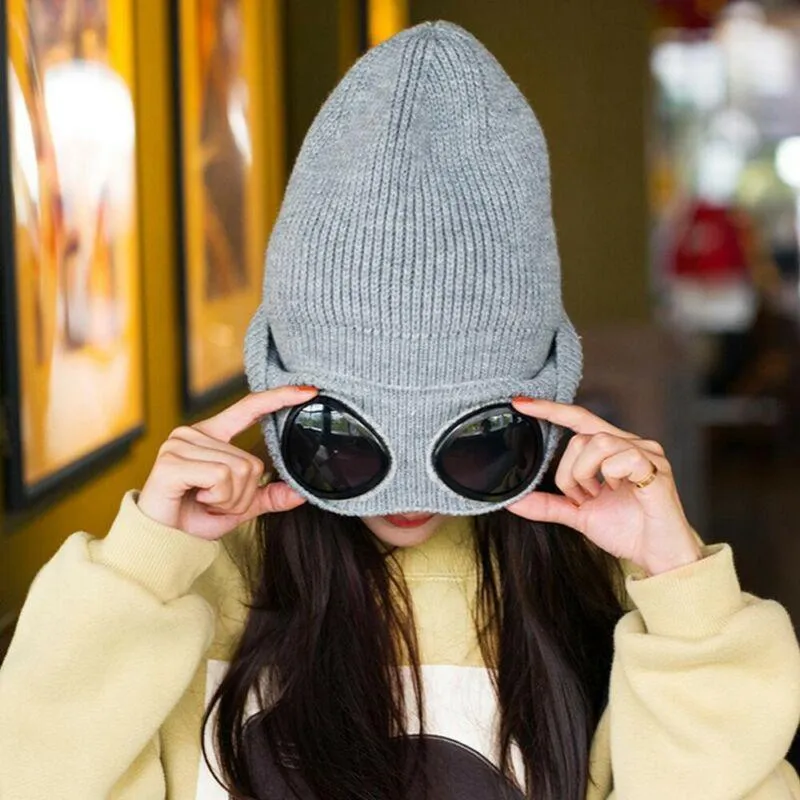 Novedad de 2020, gorros de invierno glasser, gorros, gorro de esquí con gafas extraíbles, gorro tejido para invierno para hombres y mujeres, gorros novedosos