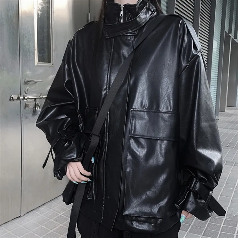 Rosetic Trend Gothic PU Leather Jacket Oversize Dark Black Girl Fashion Loose Preppy Style Casual Womens Jackets Coats Autumn LJ201012