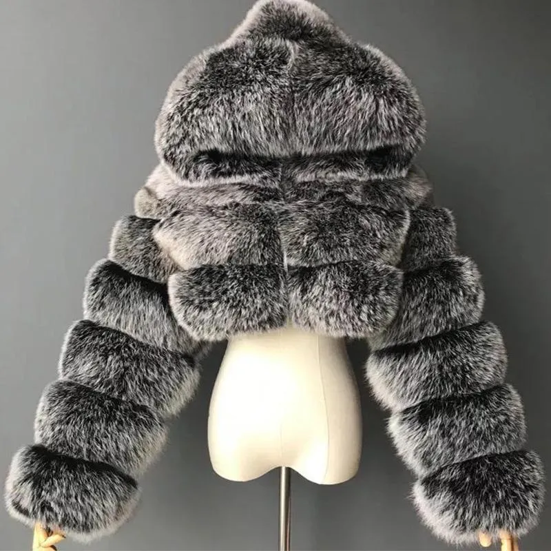 New Winter Furry Cropped Faux Fur Coats Women 2020 Fluffy Top Coat with Hooded Warm Fur Jacket Ladies manteau femme