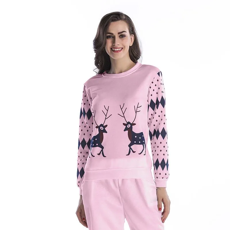 Maglione da donna con stampa di cervi natalizi di design, girocollo, maglione stagionale, più camicia a maniche lunghe in velluto da donna