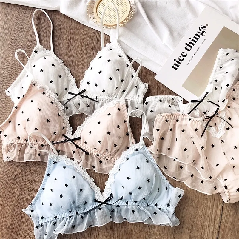 Japanese style small cotton bras with thin pad for girls chiffon bra and panty set sexy star pattern wire free teenager lingerie LJ201211