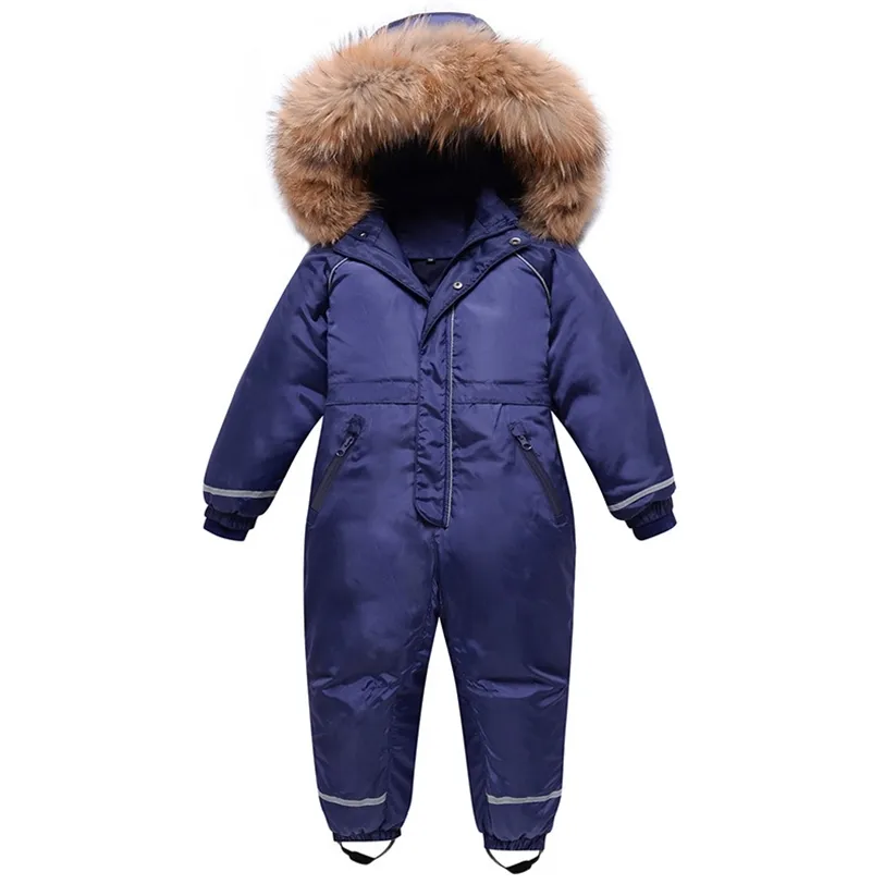 Olekid Boys Winter Snowsuit Vattentät Real Fur Tjocka Tjejer Jumpsuit 3-10 år Kids Overaller Barn Skidåkning Snö Slitage 211222