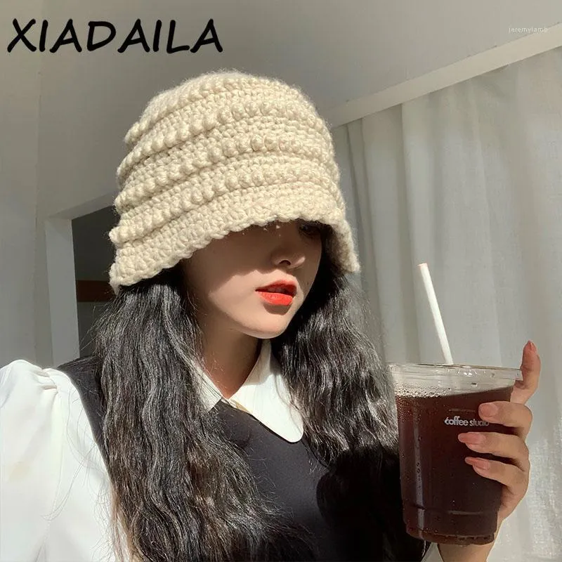 Wide Brim Hats Panama Warm Winter Women's Bucket Hat For Teens Felt Wool Girl Sautumn And Fur Black Solid Color Knitted1