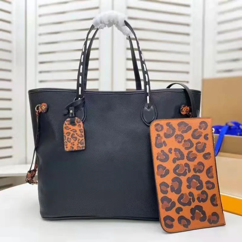 Moda 2 PCS Leopard ombro Shopping Shop Coração Tote Designer Bolsa Perfurada Leopardo Letra Letra de Couro Genuíno Bolso Aberto Bucketa Macio Moeda Bolsa GM grande