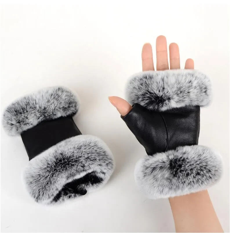 Outdoor autumn and winter women's sheepskin gloves Rex rabbit fur mouth half-cut computer typing foreign trade leather clothing mittens