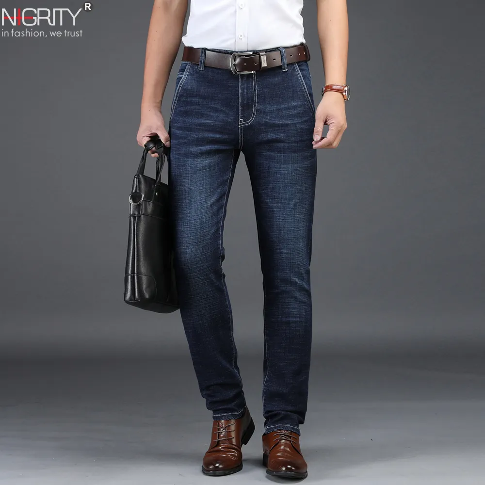 NIGRITY Mens Jeans Business Casual Coupe Droite Noir Bleu Jeans Stretch Denim Pantalon Pantalon Classique Plus Grande Taille 28-42 201117