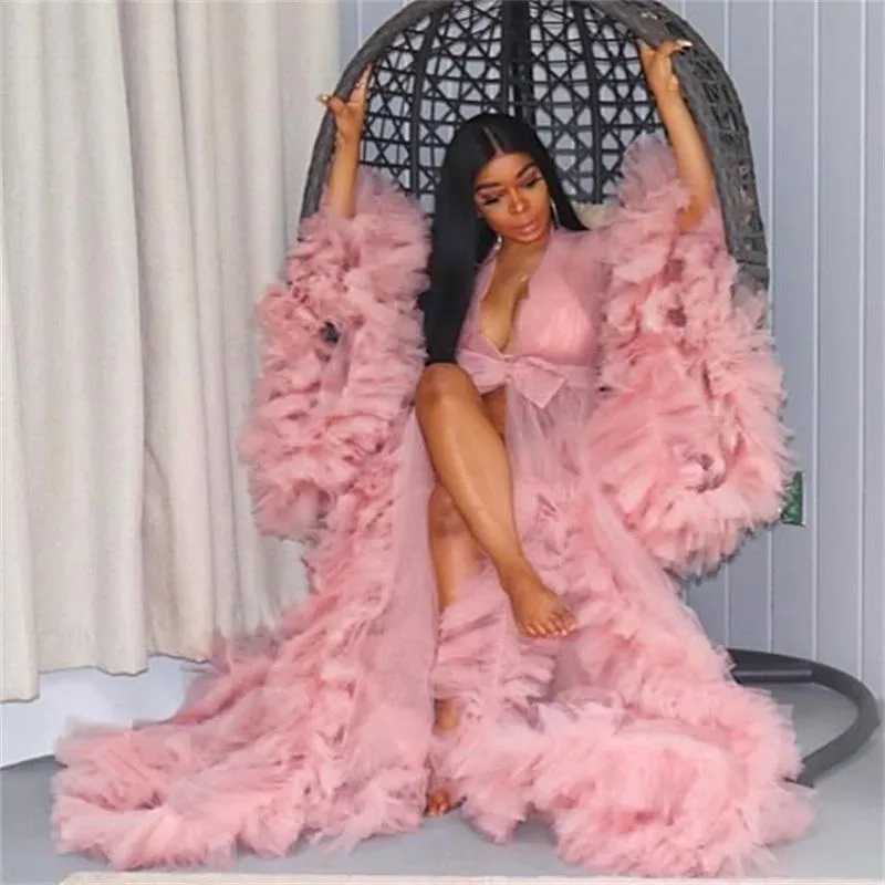 2023 Ruffles Pembe Tül Kimono Kadınlar Gece Elbise Elbiselik Posshoot Puffy Kollu Balo Kepçesi Afrikalı Cape Pelerin Doğum Elbise Fotoğrafçılığı