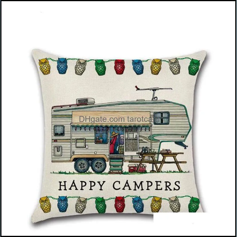 Happy Campers Pillow Case Linen Square Throw Pillows Cover Sofa Cushion Covers With Zipper Closure Home Decoration 20 Designs