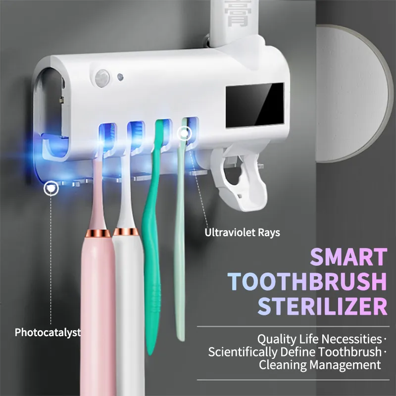 Hem Solenergi UV tandborstehållare vägg tandborste sterilisator automatisk tandkräm dispenser squeezers badrum tillbehör lj201128