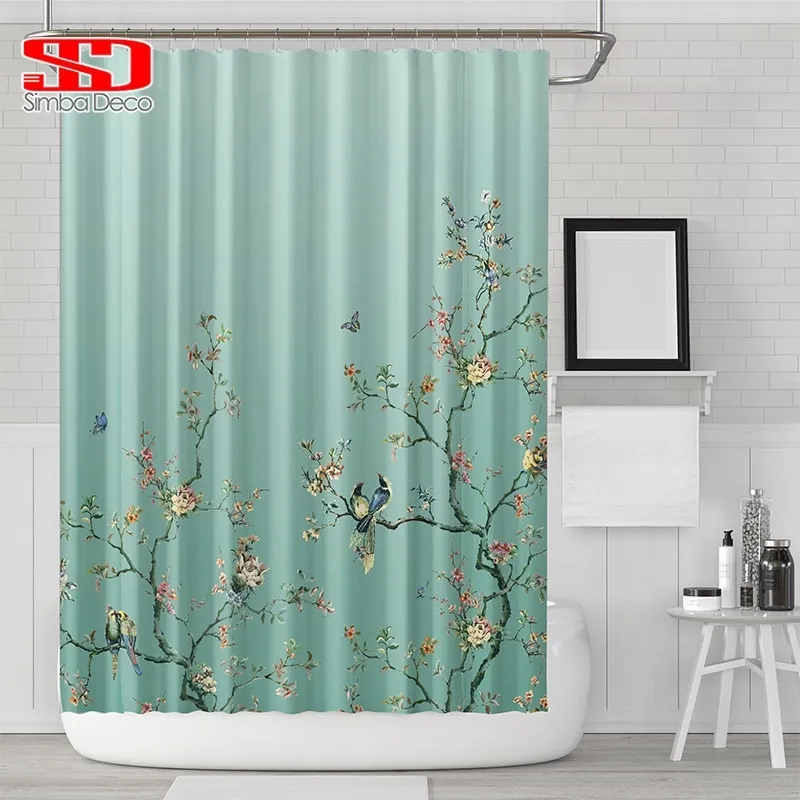 Oiseaux chinois Gradient Rideaux de douche pour salle de bains Pies et plantes Vert Tissu imperméable Polyester Décor de bain 180 x 180 cm Y200108