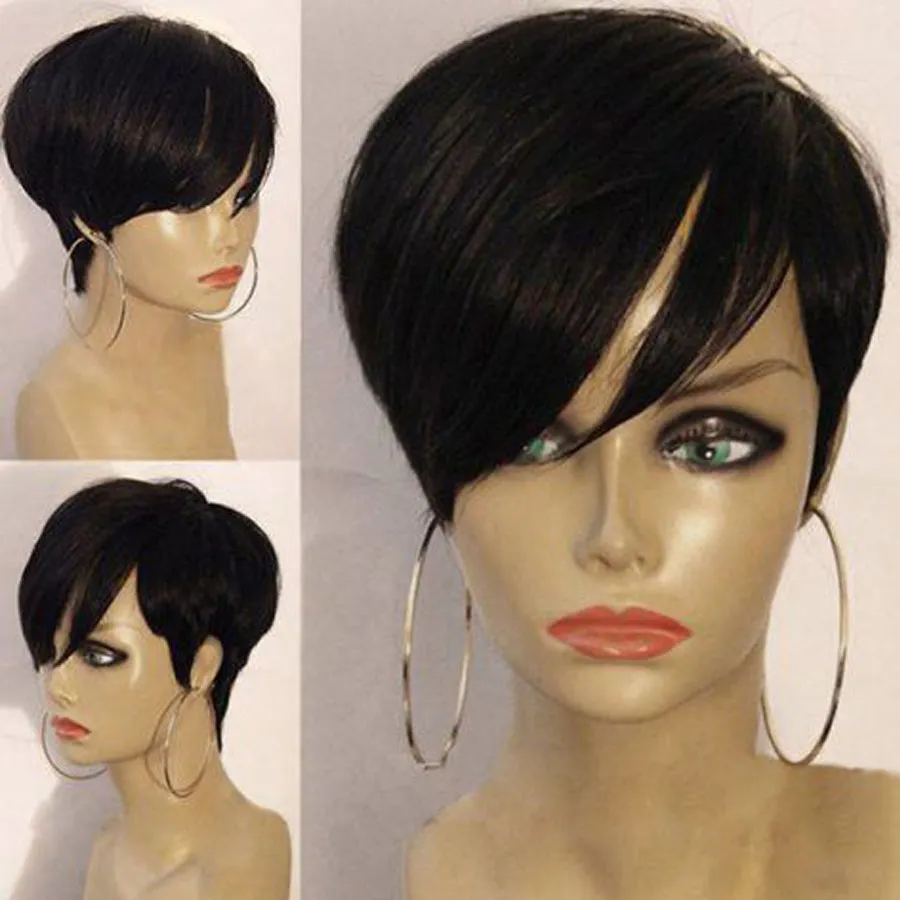 Short Straight Bob Pixie Cut Human Hair brazilian lace front Wig With Bangs For Black Women Remy Preplucked