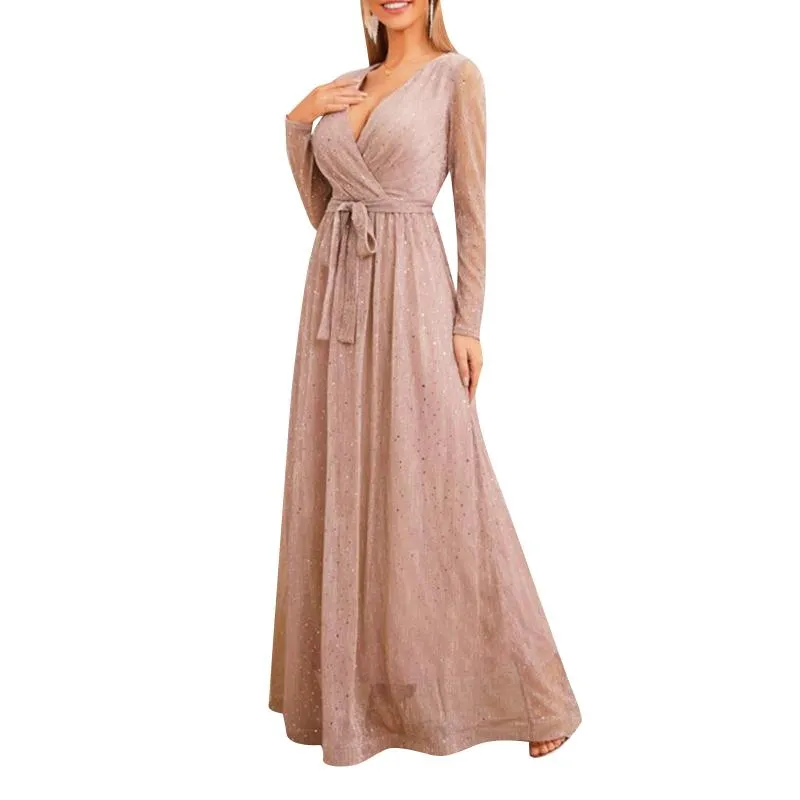 Casual Dresses Women V-neck Dress Polyester Sequins Surface Tie Up Waist Pleated Gown Long Sheer Sleeve Party