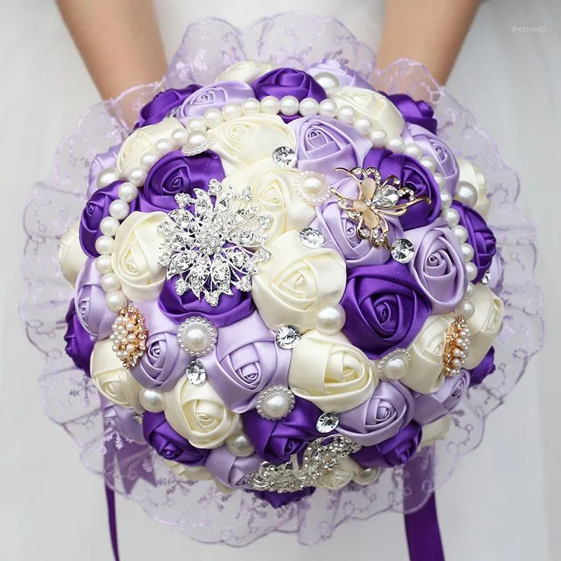 Large Purple Bridal Wedding Bouquet Pearl Bridesmaid Artificial Flowers Buque De Noiva Diamond Bouquets Marriage Gift W2801