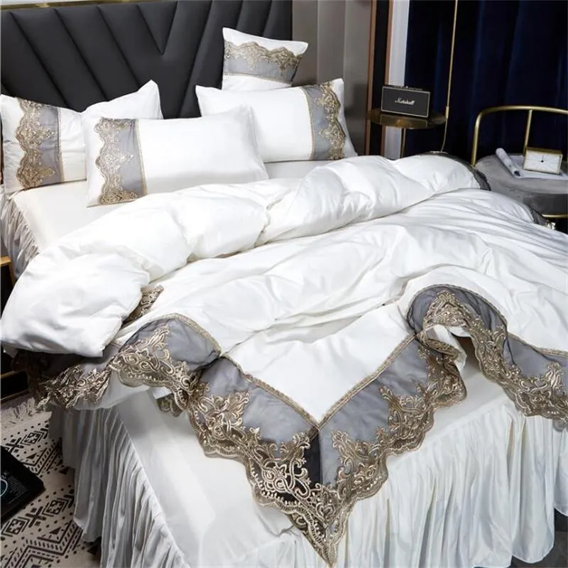ホットセール寝具セット4個のソリッドベッドスーツの布団カバーシルクレースベッドスカートデザイナー寝具