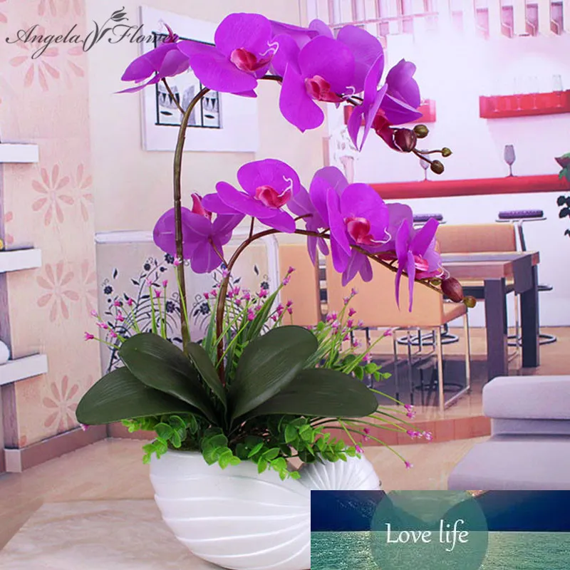 Artificiell orkidé phalaenopsis med 1pcs stor storlek löv pu äkta touch blomma hand känner bröllop dekor för hembordet accessorie